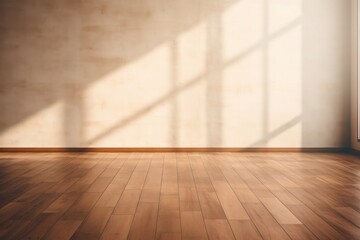 Fototapeta na wymiar Light hazelnut wall and wooden parquet floor, sunrays and shadows from window