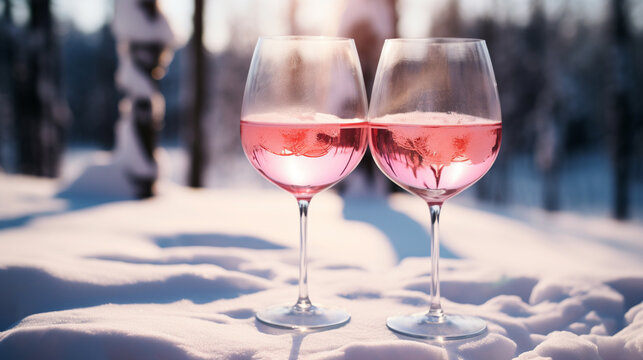 Product photograph of Two Wine glass in the snow In a winter forest. Sunlight.  Pink color palette. Drinks. 