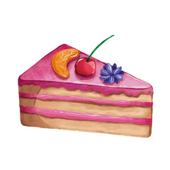 Triangle cake slice with strawberry filling cream and orange cherry fruit decoration on top illustrartion with textured brush stroke artwork