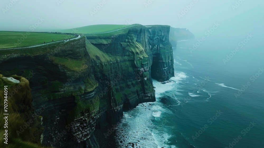 Leinwandbilder A captivating view of the ocean from a cliff on a foggy day. Perfect for adding a sense of mystery and tranquility to any project