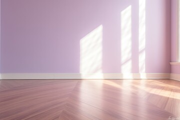 Light lilac wall and wooden parquet floor, sunrays and shadows from window