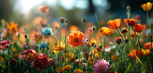 A panoramic shot of a vibrant flower field with a range of colorful blooms,