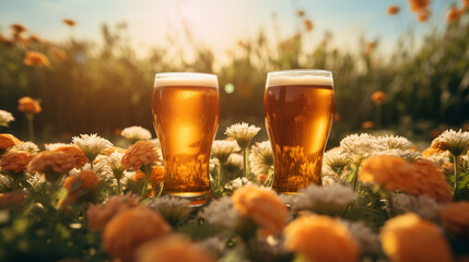 Product photograph of Two Beer pint glass in a field of blooming flowers. Sunlight. Orange color palette. Drinks.  - obrazy, fototapety, plakaty