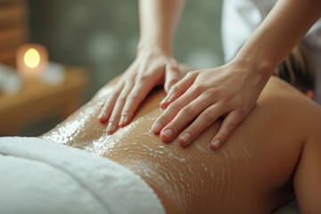 Obraz na płótnie Canvas A woman is receiving a relaxing back massage at a spa. This image can be used to promote the benefits of spa treatments and self-care