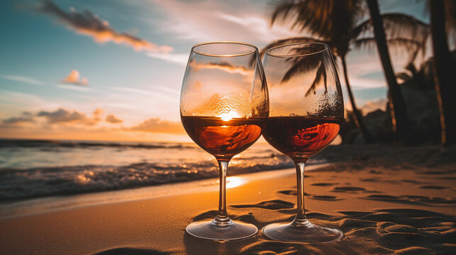 Product photograph of Two Wine glass in the sand on a tropical beach. Sunlight. Palm trees. Crashing waves . Red color palette. Drinks. 