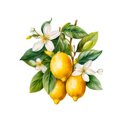 Branch of the fresh citrus fruit lemon with green leaves and flowers. 