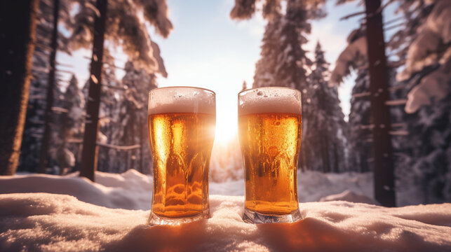 Product photograph of Two Beer pint glass in the snow In a winter forest. Sunlight.  Orange color palette. Drinks. 