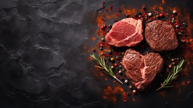 Cooking steaks in the shape of a heart against a backdrop of stones, space, tasty, Generative AI.