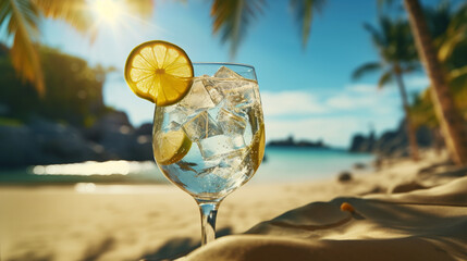 Product photograph of Gin Tonic sparkling cocktail with lime  in the sand on a tropical beach. Sunlight. Palm trees. Crashing waves . Blue color palette. Drinks. 