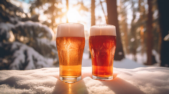 Product photograph of Two Beer pint glass in the snow In a winter forest. Sunlight.  Red color palette. Drinks. 