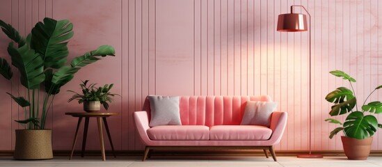 Real photo of living room interior with a patterned wall, plants, and a pink lamp above a wooden table. Suitable for placing an armchair.