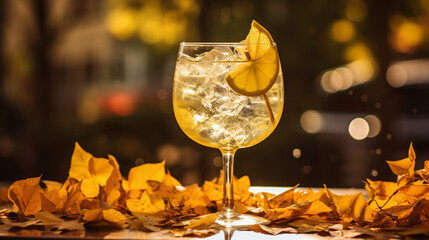 Product photograph of Gin Tonic sparkling cocktail with lime  in a pile of autumn leaves on the street. Yellow color palette. Drinks. 
