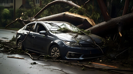 A big tree falls on the car after big storm
