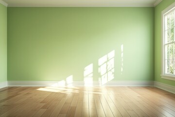 Fototapeta na wymiar Light lime wall and wooden parquet floor, sunrays and shadows from window