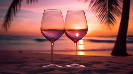Product photograph of Two Wine glass in the sand on a tropical beach. Sunlight. Palm trees. Crashing waves . Pink color palette. Drinks. 
