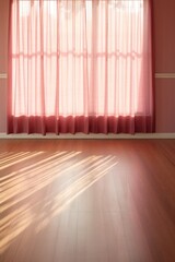 Light maroon wall and wooden parquet floor, sunrays and shadows from window 