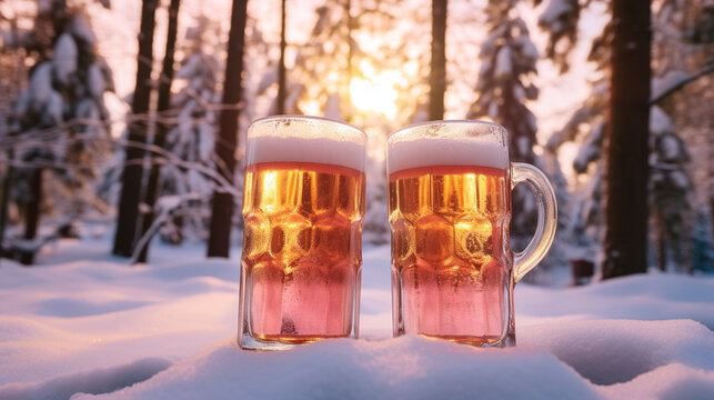 Product photograph of Two Beer pint glass in the snow In a winter forest. Sunlight.  Pink color palette. Drinks. 