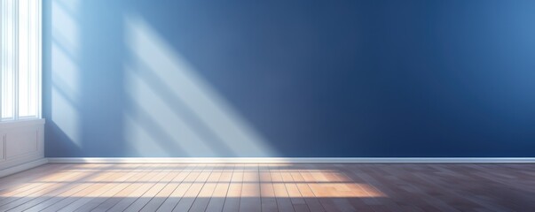 Light navy wall and wooden parquet floor, sunrays and shadows from window - obrazy, fototapety, plakaty