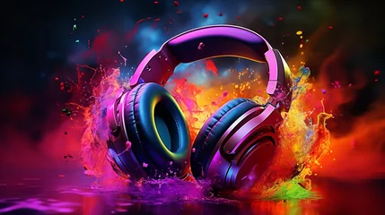 Foto auf Acrylglas Headphones above a brightly colored neon with a dynamic music blaster, Generative AI. © Our Scrapbook