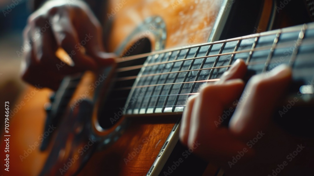 Poster a close-up view of a person playing a guitar. perfect for music-related projects and promotions