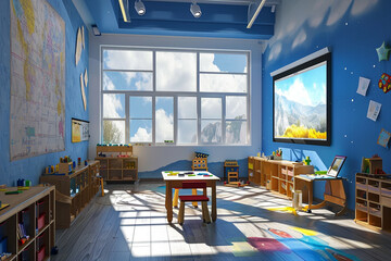 A playroom with a large, interactive touch screen for virtual drawing and painting