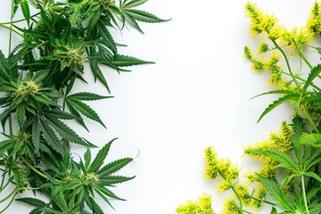Lush cannabis on the left side of picture and lush rapeseed on the right side, white background