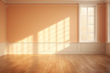 Fototapeta na wymiar Light orange wall and wooden parquet floor, sunrays and shadows from window