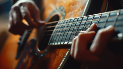 Fototapeta premium A close-up view of a person playing a guitar. Perfect for music-related projects and promotions