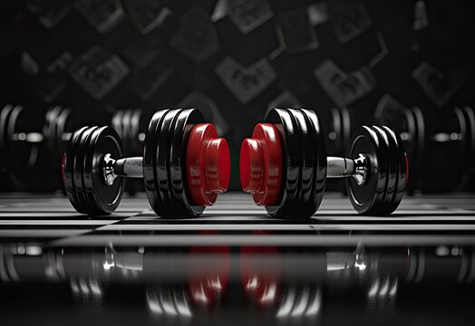 Dumbbells in a gym, dumbbells set, photography, created with AI
