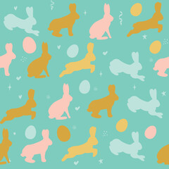 Rabbit flowers of eggs Seamless pattern mint color on a white background. Easter hare and holiday food. Fabric, wrapping paper. Vector illustration