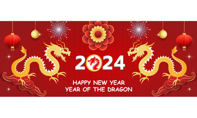 Happy Chines dragon new year 2024 celebration banner with flower, lantern, Asian elements gold paper cut style on color background.