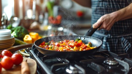 A man cooking vegetables in frying pan on electric stove. food photography - obrazy, fototapety, plakaty