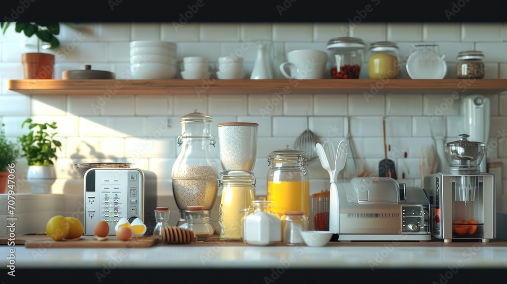 Poster a kitchen counter featuring a blender and another blender