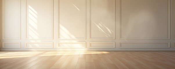 Light pearl wall and wooden parquet floor, sunrays and shadows from window - obrazy, fototapety, plakaty