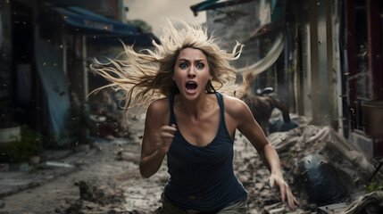 Blonde young woman runs away in panic during earthquake, natural disaster concept