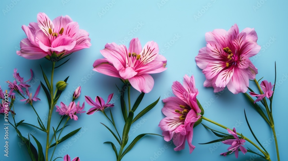 Aufkleber Pink flowers arranged on a blue surface. Ideal for adding a pop of color to any project