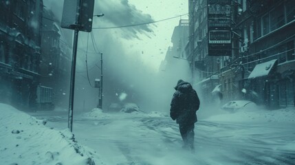 A man walks through a winter city, a sharp squall wind knocks him off his feet, signs and telegraph poles fall, a blizzard blows - obrazy, fototapety, plakaty