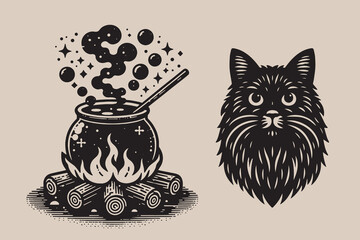Witch magic fairy tale set. beautiful vintage engraving vector illustration:  Black cat and cauldron with boiling potion on fire