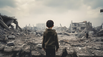 Child boy looks at ruins of destroyed buildings in war zone