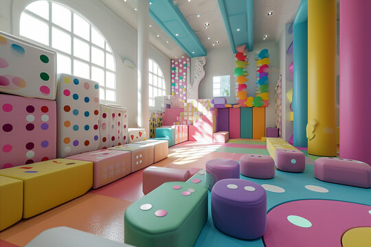 A playroom with a life-sized, soft foam domino set for creative building