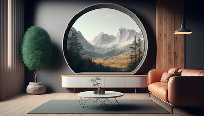 living room background, rounded base, minimalist, slim, 8k, photorealistic. - obrazy, fototapety, plakaty