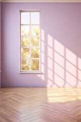 Light plum wall and wooden parquet floor, sunrays and shadows from window 