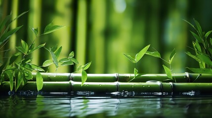 Fototapeta na wymiar Horizontal row of strong bamboo stalks submerged in water, backdrop, space, Generative AI.