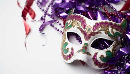 Mardi Gras celebration, costume, mask, party, confetti, colorful generated by AI