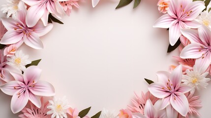 Lovely floral wreath on a pale pink backdrop featuring pink and white lilies, space, Generative AI.