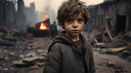 Fototapeta na wymiar Sad little Refugee boy kid stands in a destructed city by bombs or earthquake