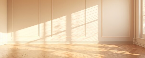 Light sepia wall and wooden parquet floor, sunrays and shadows from window