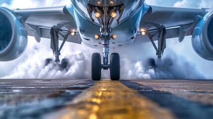 An airplane showcasing precision landing with silver engines roaring above a reflective wet runway, signaling the synergy of adventure and technology in aviation.
