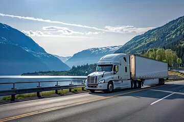 Highway fast moving cargo truck racing across interstate under summer sun capturing dynamic energy and speed of modern transportation and logistics