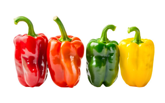 colorful bell peppers in a row, isolated, white background, vibrant colors, vegetables.